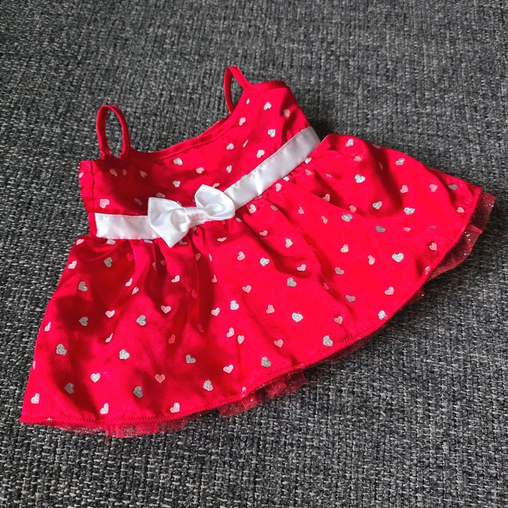 Build-A-Bear Workshop Red Satin Heart Print Dress with Bow Plush Outfit